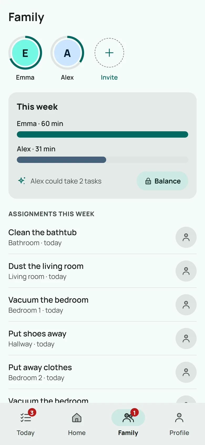 CleanPilot Family screen: minutes cleaned this week by each person