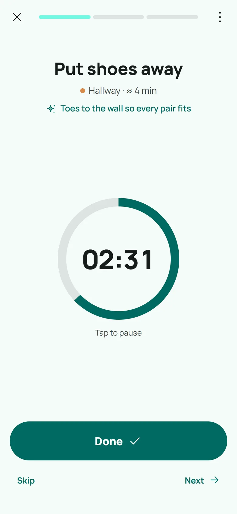 CleanPilot focus mode with a timer and a cleaning tip