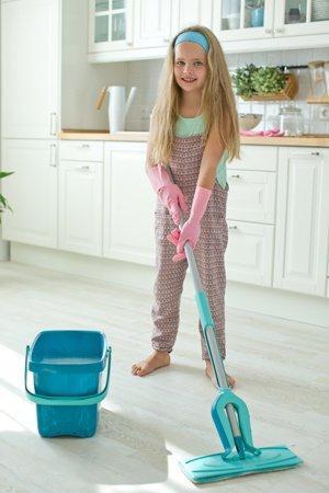 children clean hardwood floor