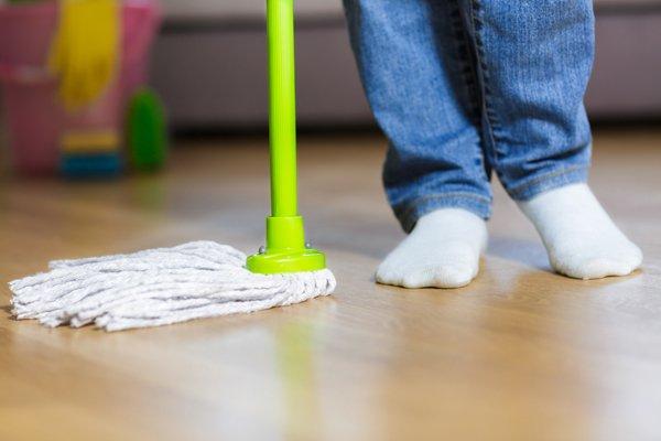 woman holding mop in the home.